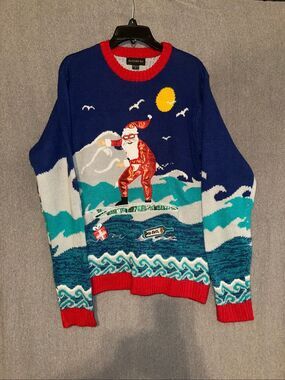 Blizzard Bay Santa ugly Sweater Large Christmas Waves Blue Red Surfing Holiday U